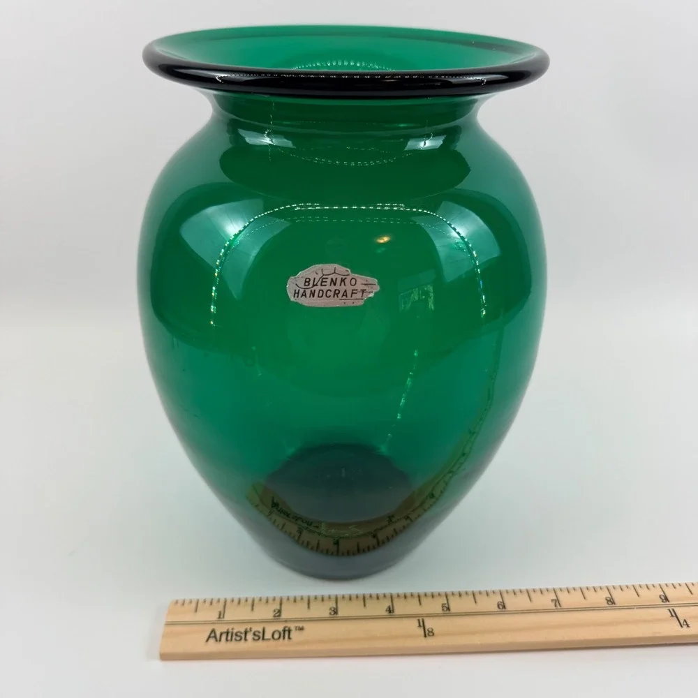 Vintage Blenko 431L Emerald Green Hand Blown Glass Vase Original Foil Sticker